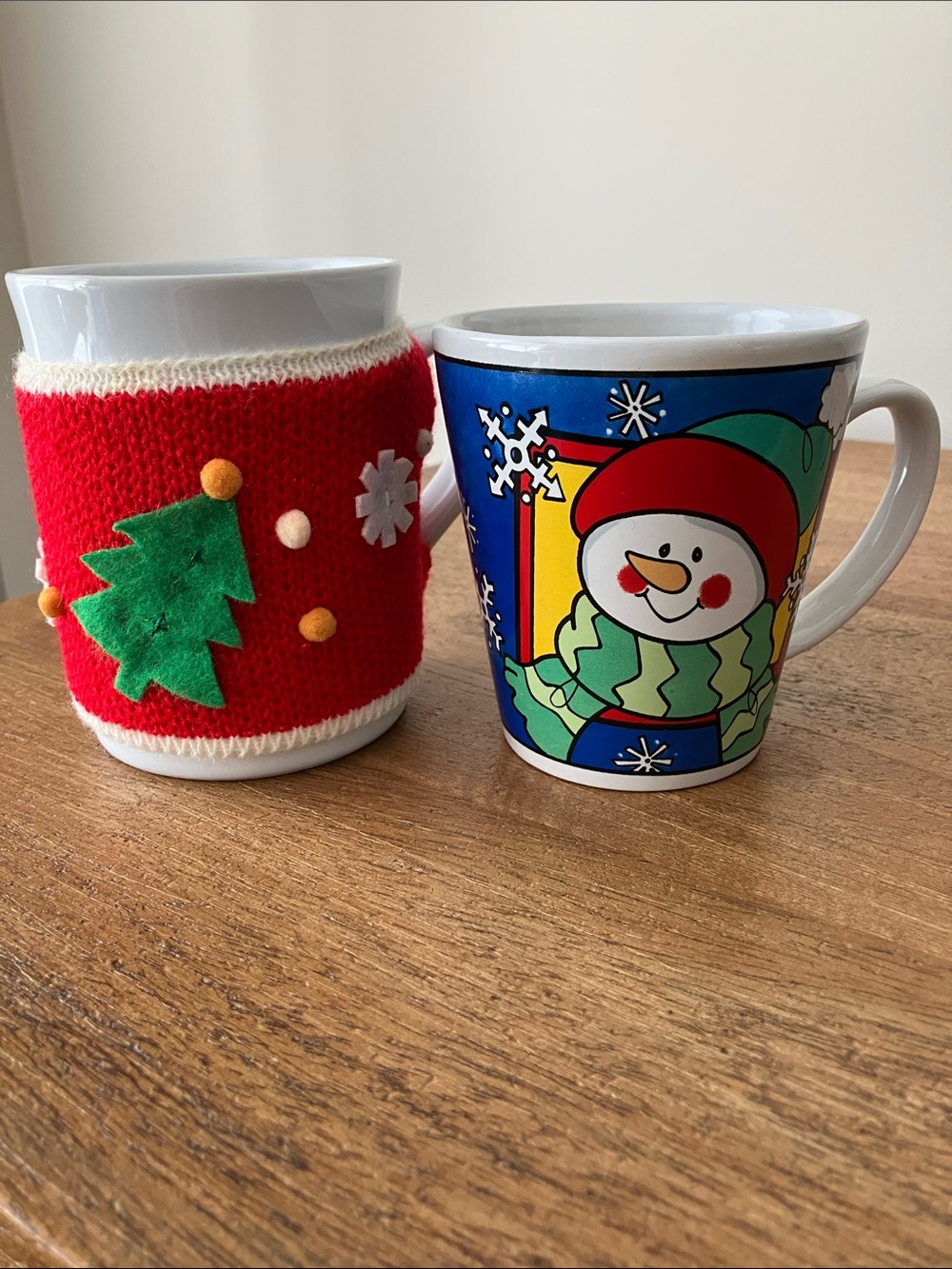 Holiday Snowman Ceramic Mug with Red Knit Cozy plus Snowman Mug